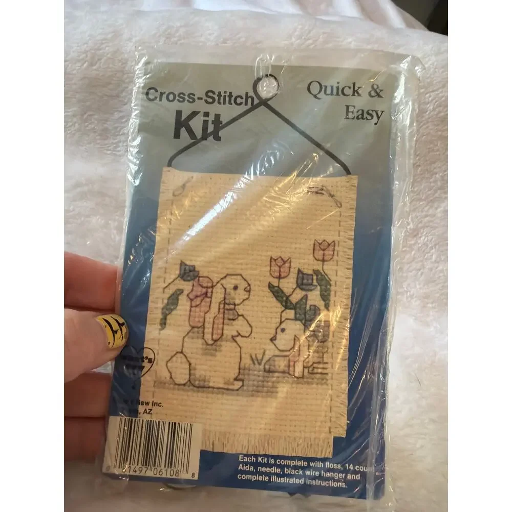 Vintage Quick & Easy Cross Stitch Kit Bunnies Rabbits Flowers Wall Hanging NOS